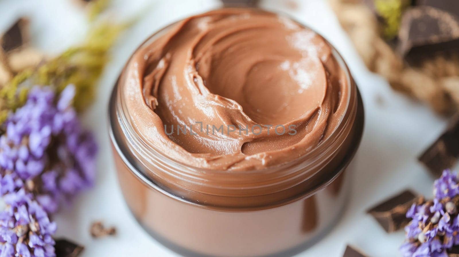 Chocolate body cream in a jar surrounded by lavender flowers and dark chocolate chunks, evoking a luxurious spa experience