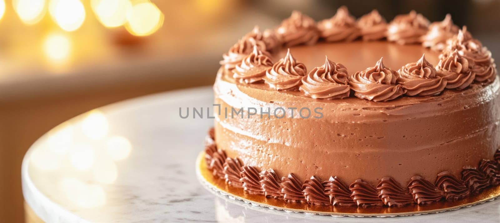 Chocolate fudge cake with swirled frosting resting on a marble table with festive bokeh lights in the background