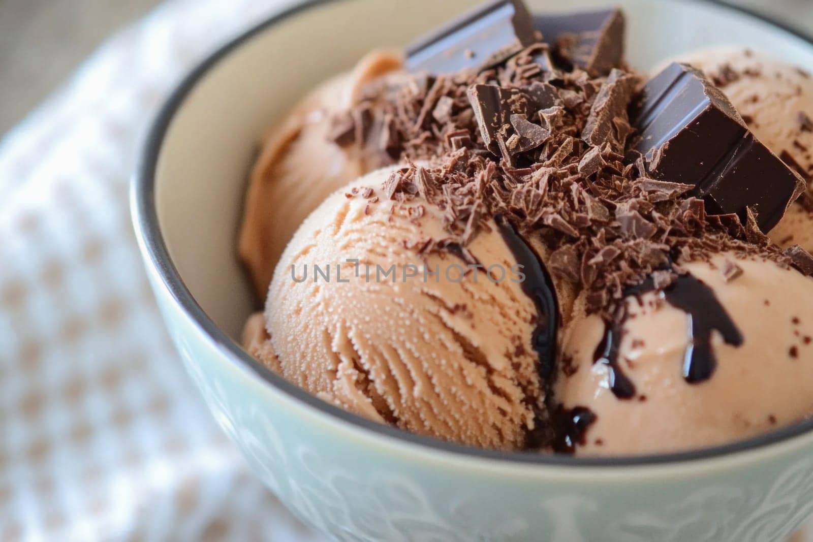 Chocolate ice cream scoops topped with chocolate syrup and chocolate shavings are served in a bowl, ready to be enjoyed