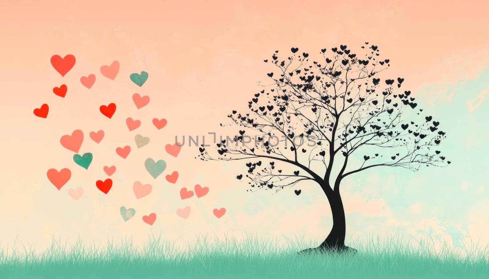 Illustration of colorful hearts flying towards a lonely tree with heart shaped leaves, symbolizing love and connection