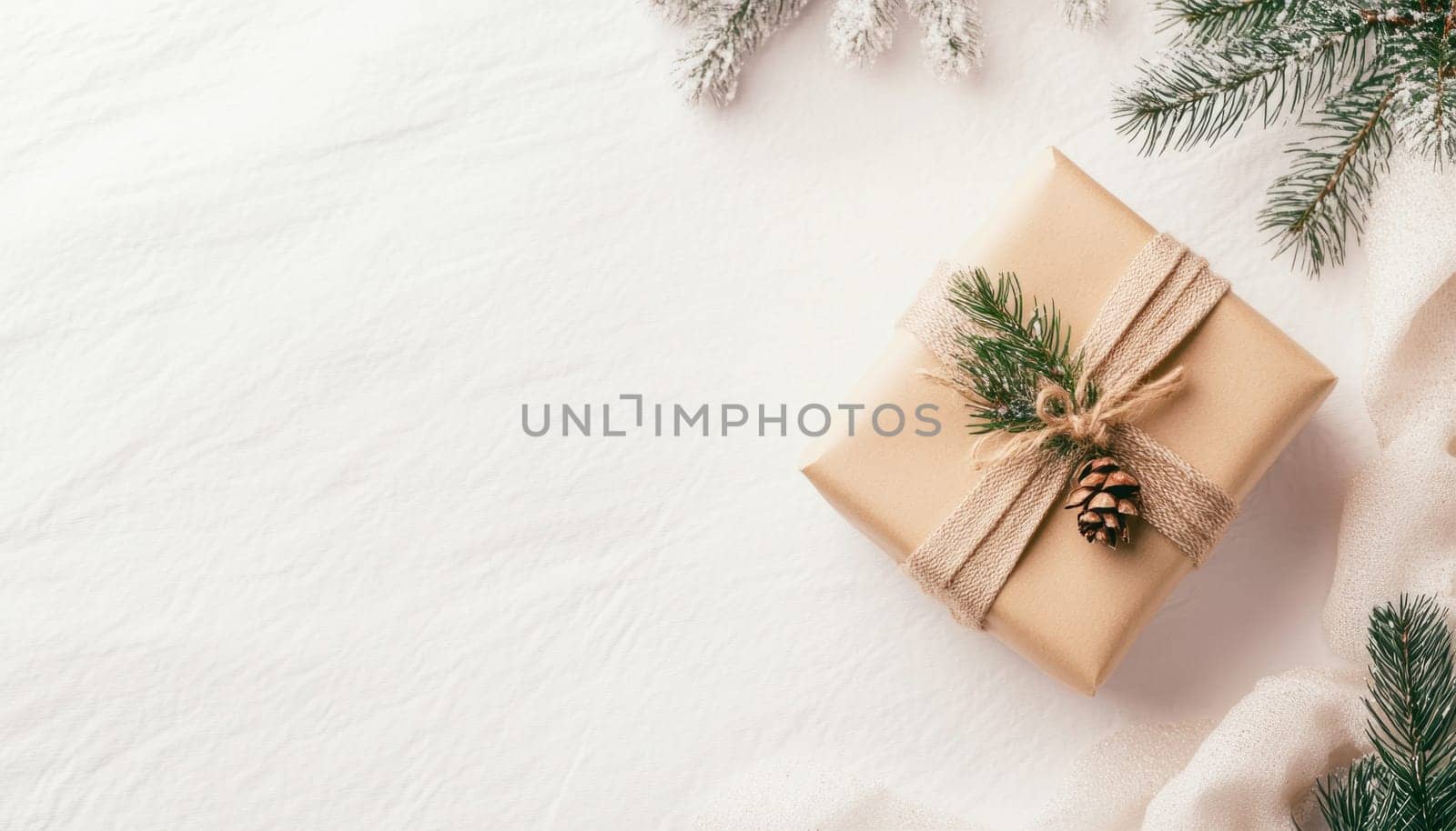 Christmas gift box is decorated with pine cone and fir branches on white textured background