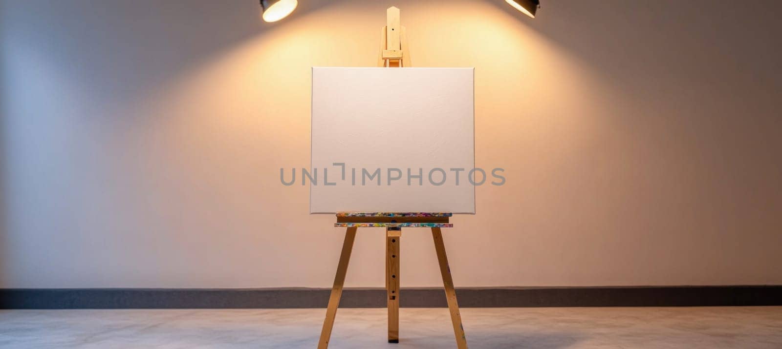 Wooden easel with blank canvas illuminated by a lamp in an empty room, creating a creative and artistic atmosphere