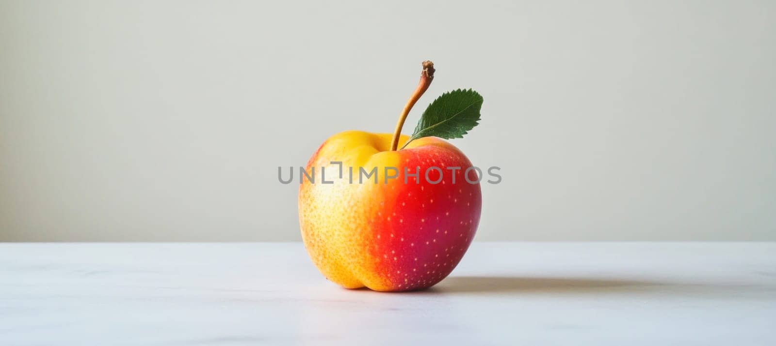 Freshly picked red and yellow apple with leaf on white marble table against neutral background