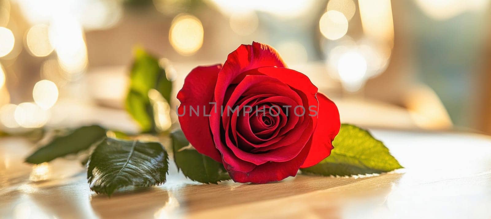 Red rose and candle create a romantic atmosphere on a restaurant table