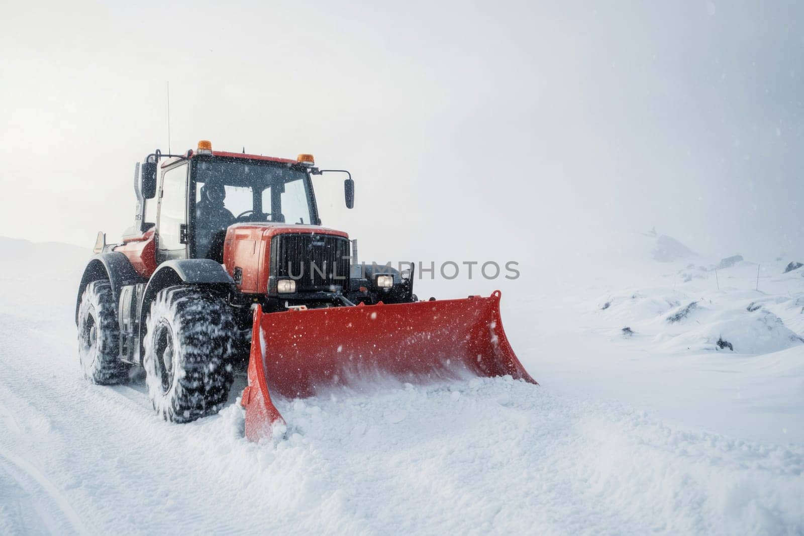 Red tractor clearing snow on a mountain road during a snowfall