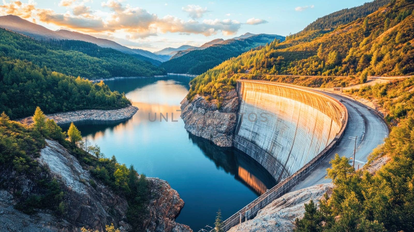 Stunning sunset view of a curved dam reflecting on the lake in the italian alps