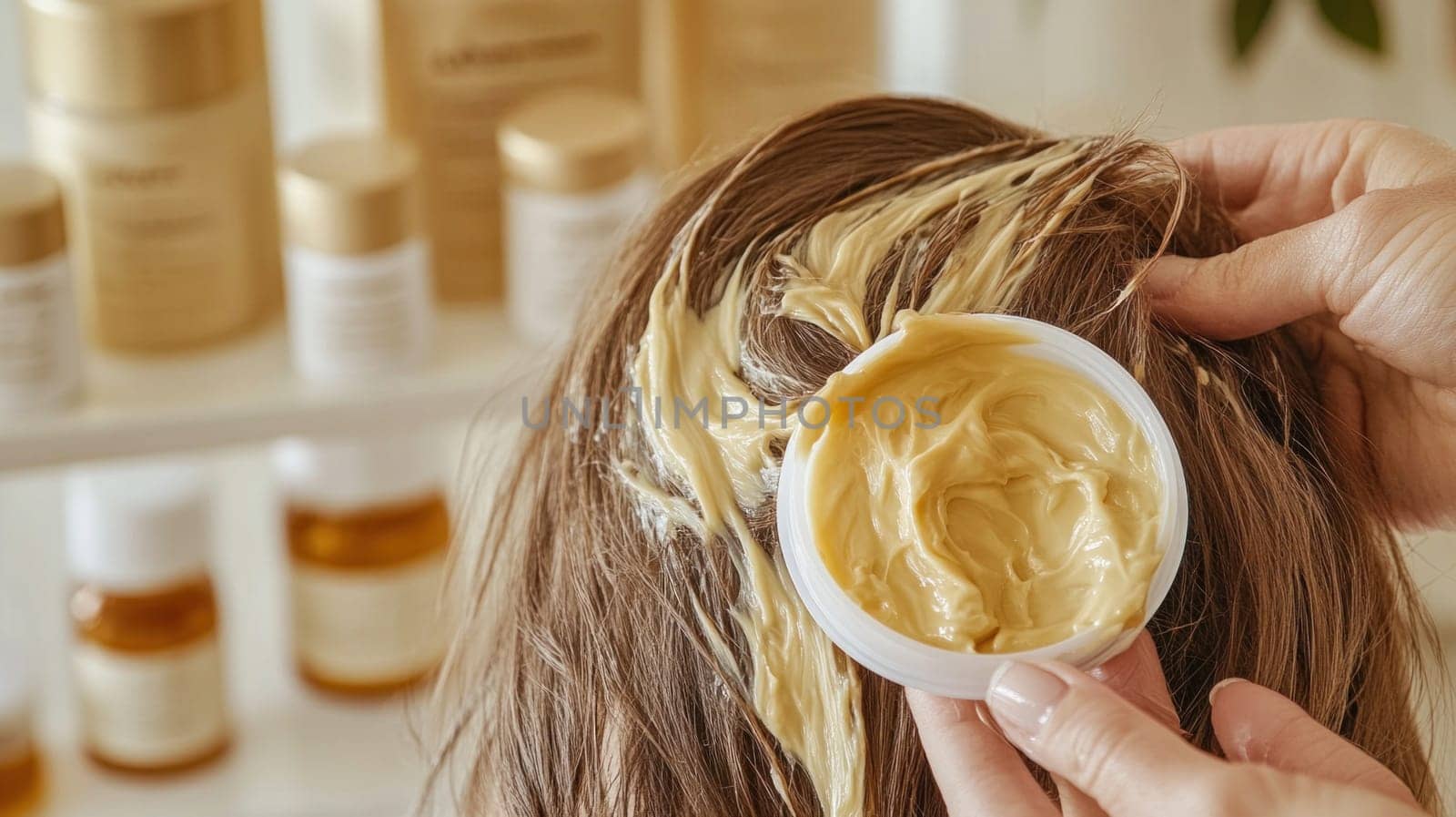Beautician applying hair care product on client's hair for healthy and strong hair