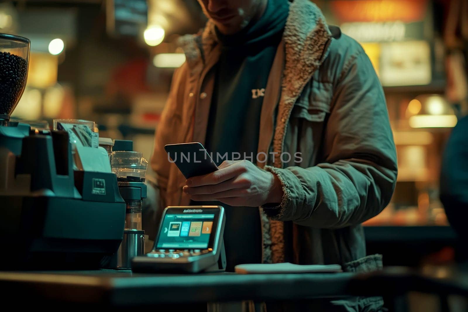in coffee shop cafe ,Mobile payment tech Tap to pay with a smartphone using NFC technology..