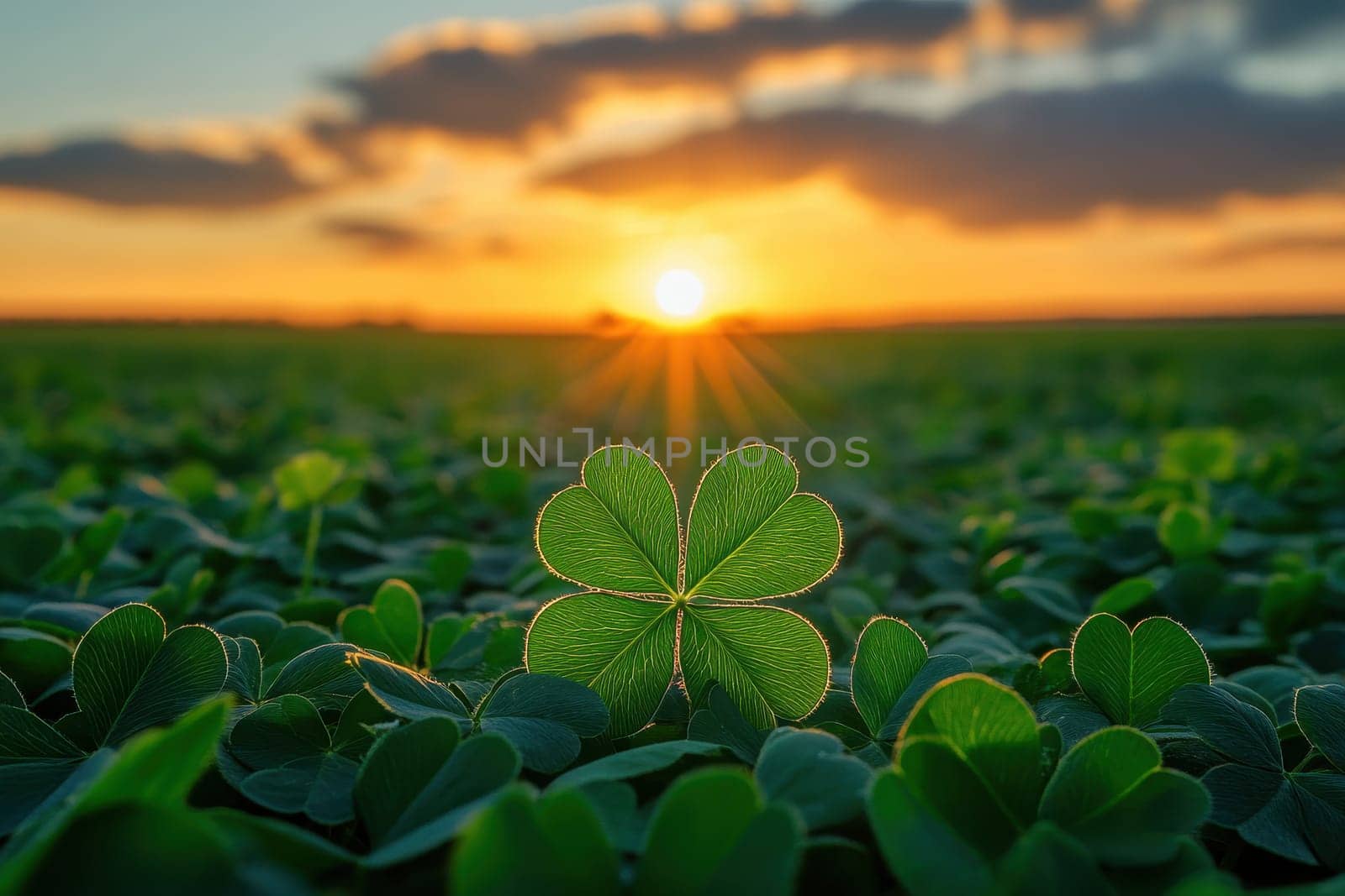 st patricks day four leaf clover close up with evening sunset in background,.