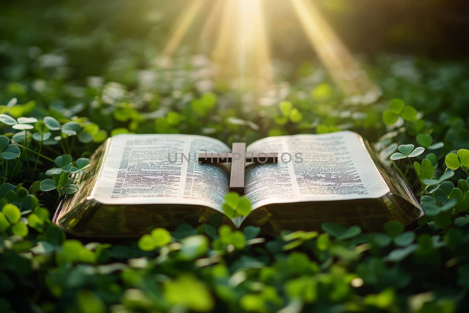 a bible book and a cross lying on the green clover leaves..