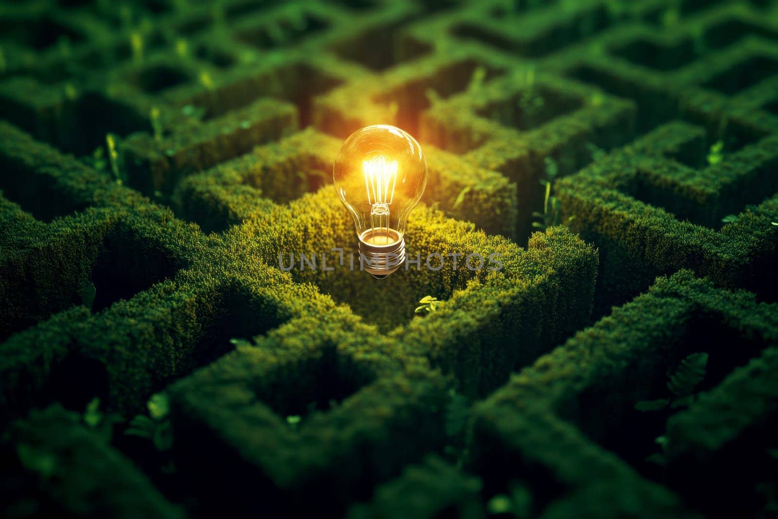 A glowing lightbulb sits at the center of a sprawling, green maze, symbolizing an idea or solution within a complex problem.