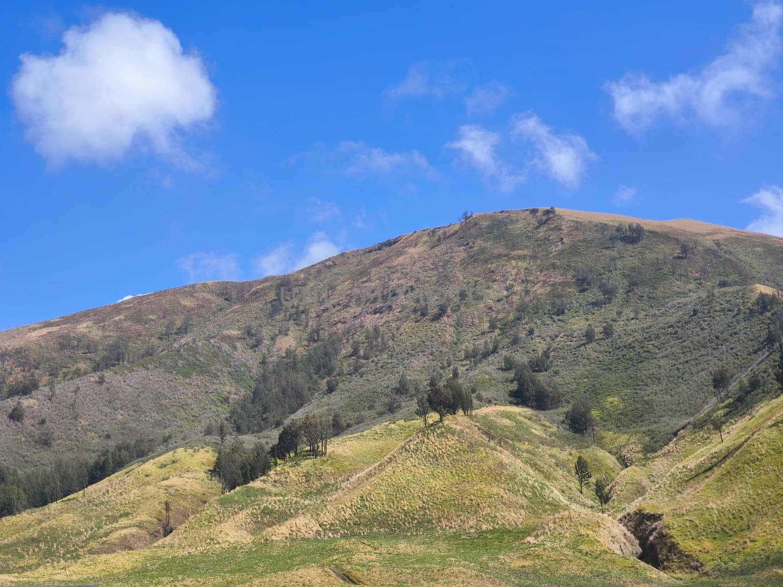 A majestic view of the Bromo Tengger Semeru National Park. The iconic Mount Bromo stands tall with its distinctive crater, surrounded by a vast expanse of volcanic sand and a clear blue sky dotted with fluffy clouds.