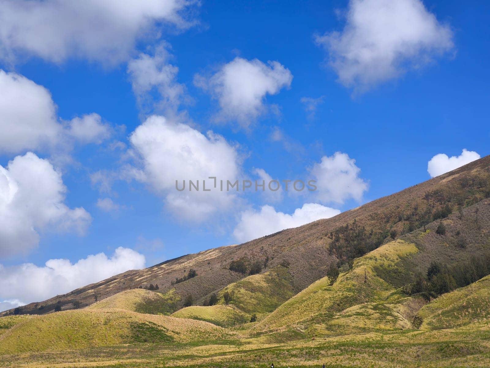A majestic view of the Bromo Tengger Semeru National Park. The iconic Mount Bromo stands tall with its distinctive crater, surrounded by a vast expanse of volcanic sand and a clear blue sky dotted with fluffy clouds.