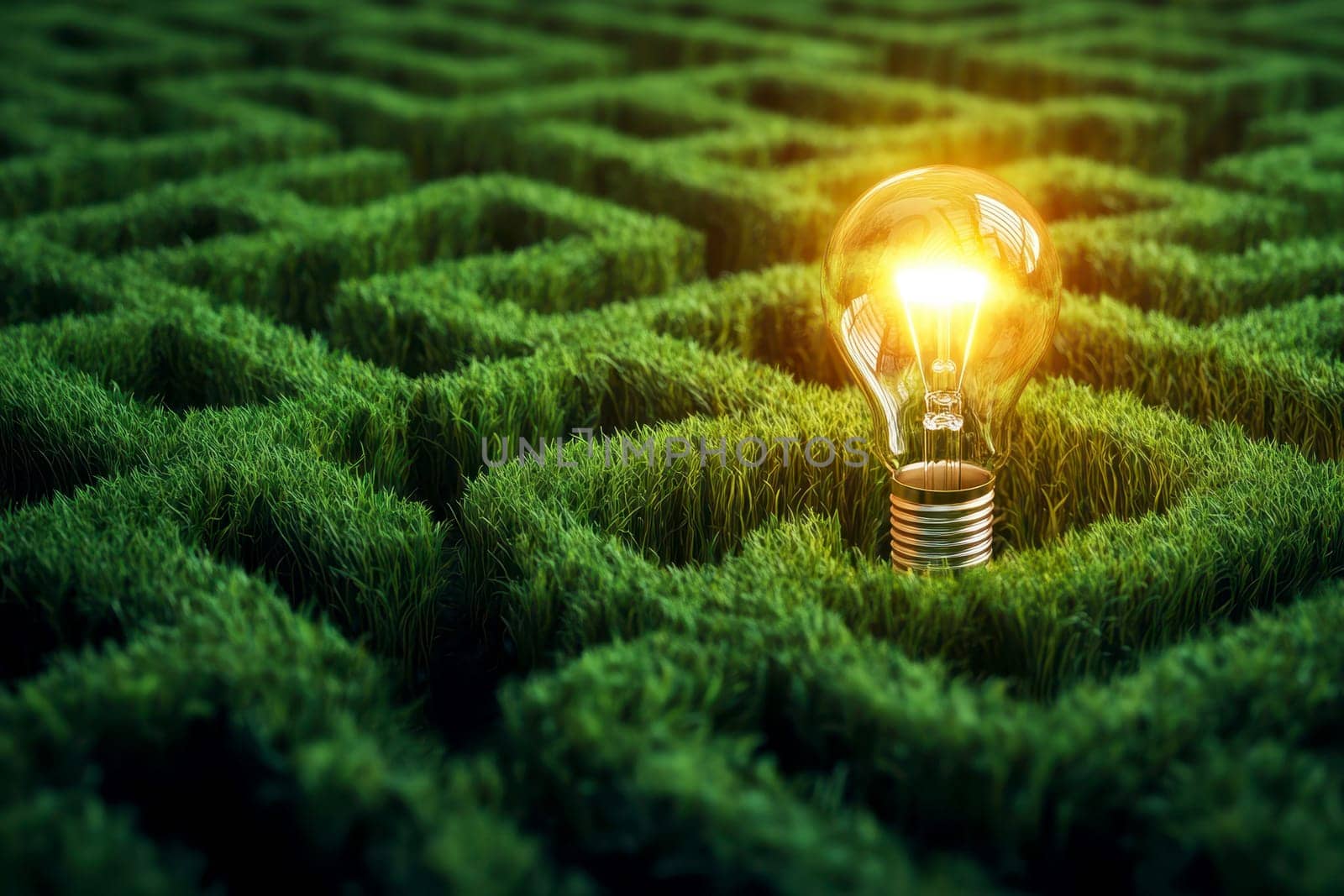 A glowing warm lightbulb sits at the center of a sprawling, green maze, symbolizing an idea or solution within a complex problem --ar 3:2 --v 6.1 Job ID: 1eeb4bad-1bb3-4642-b2e0-f0122ec25bda