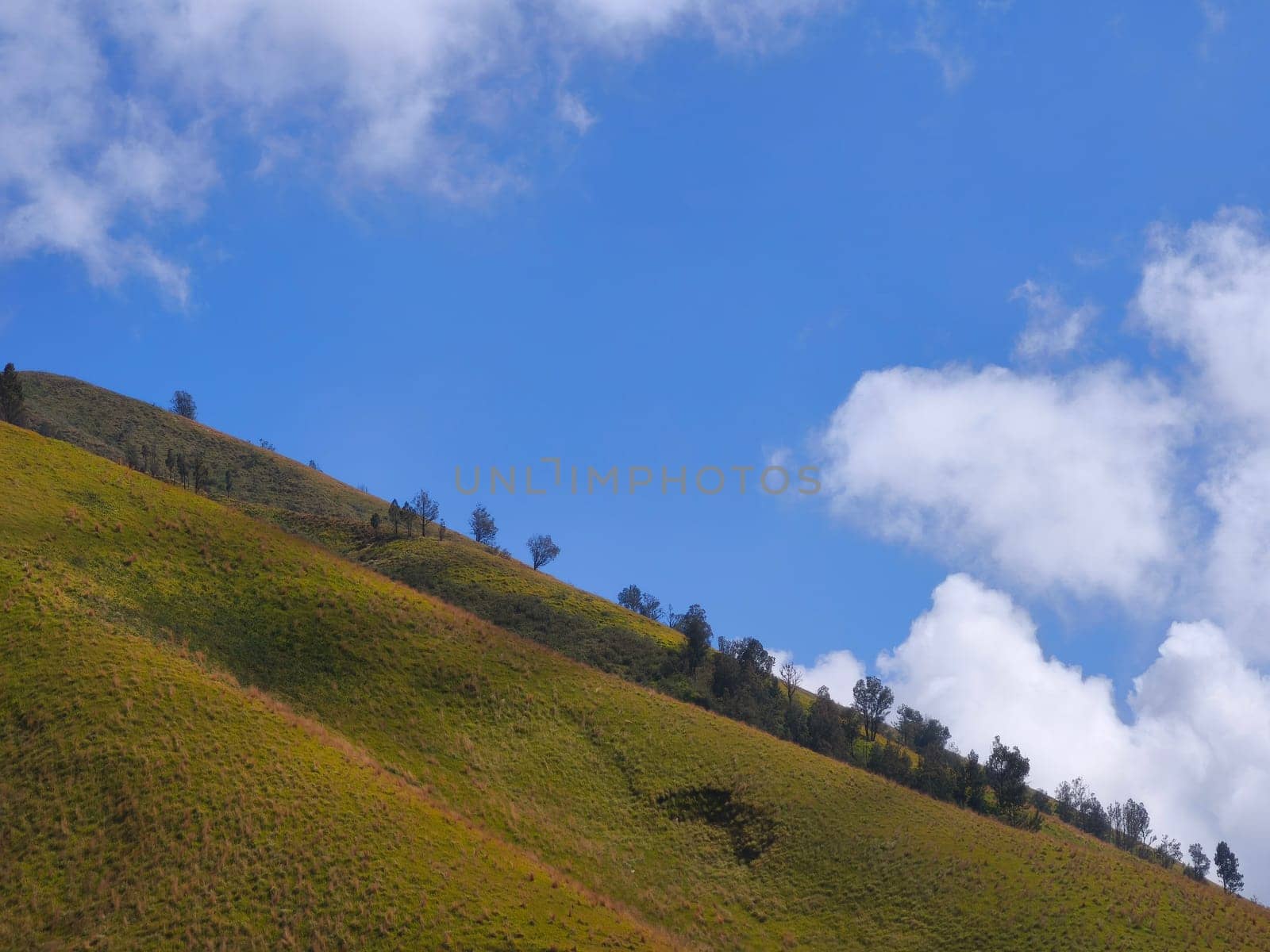 A majestic view of the Bromo Tengger Semeru National Park. The iconic Mount Bromo stands tall with its distinctive crater, surrounded by a vast expanse of volcanic sand and a clear blue sky dotted with fluffy clouds.