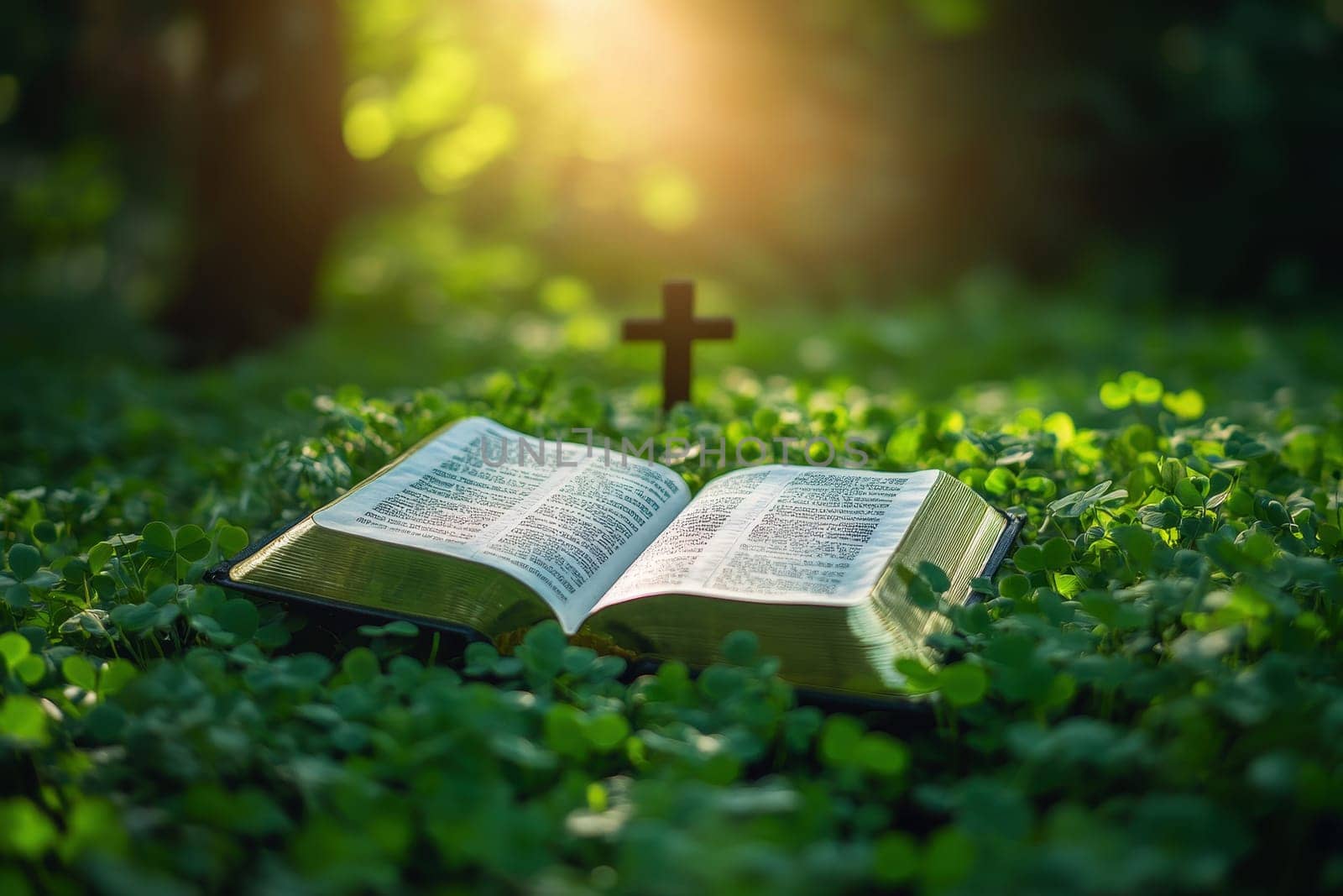 a bible book and a cross lying on the green clover leaves..
