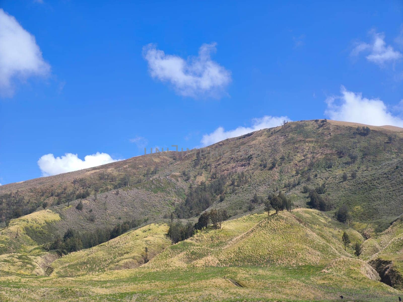 A majestic view of the Bromo Tengger Semeru National Park. The iconic Mount Bromo stands tall with its distinctive crater, surrounded by a vast expanse of volcanic sand and a clear blue sky dotted with fluffy clouds.