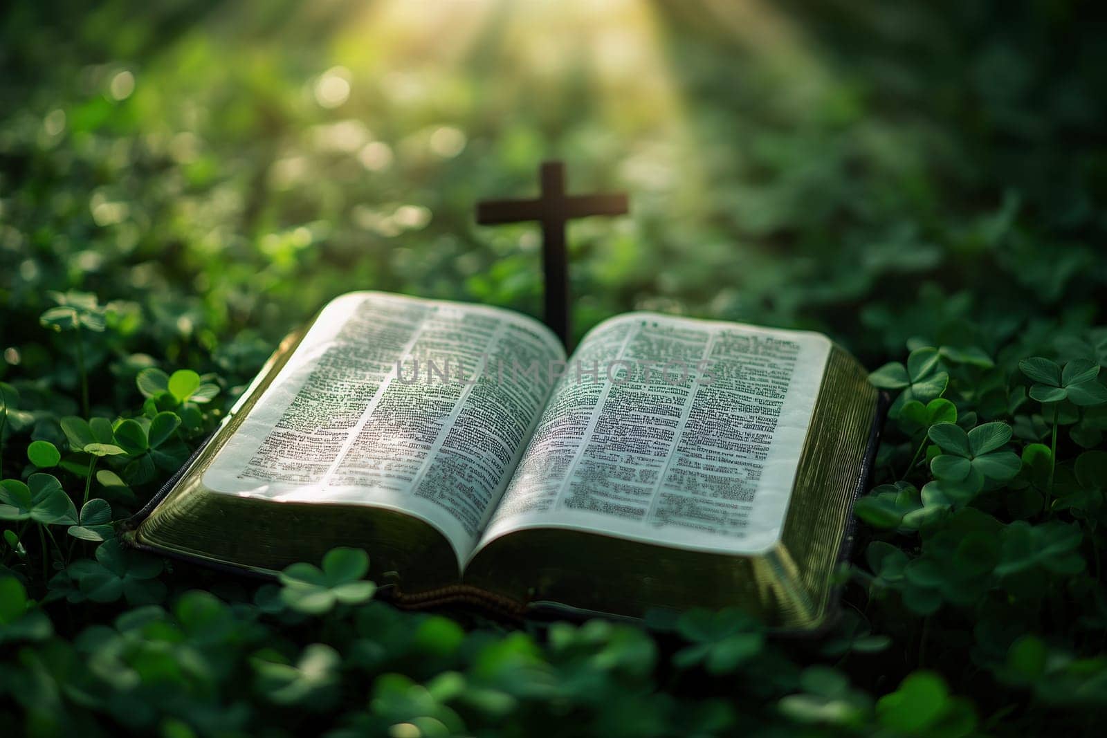 open bible book, a cross lying on the middle of green clover leaves grass, clear, hd , little sun light flare on background --ar 3:2 --v 6.1 Job ID: 8d630547-ec0a-479d-9146-85cfd310729e