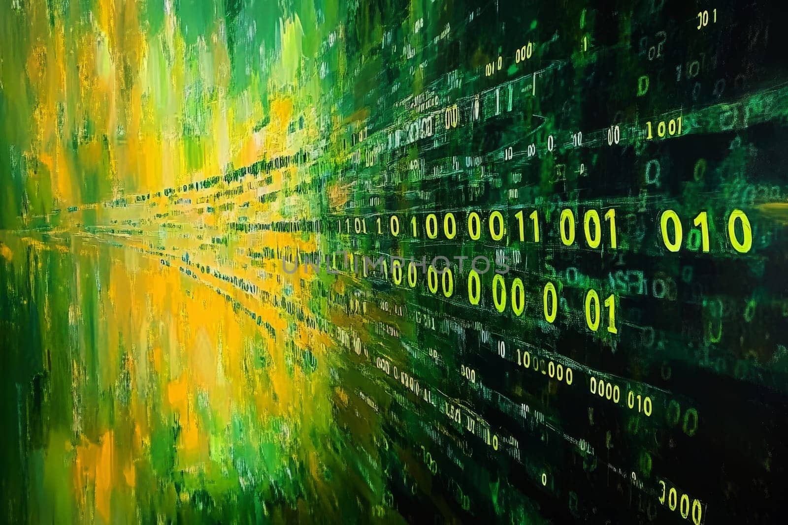 Flowing stream of binary code in green and yellow hues, representing data transfer and technology.