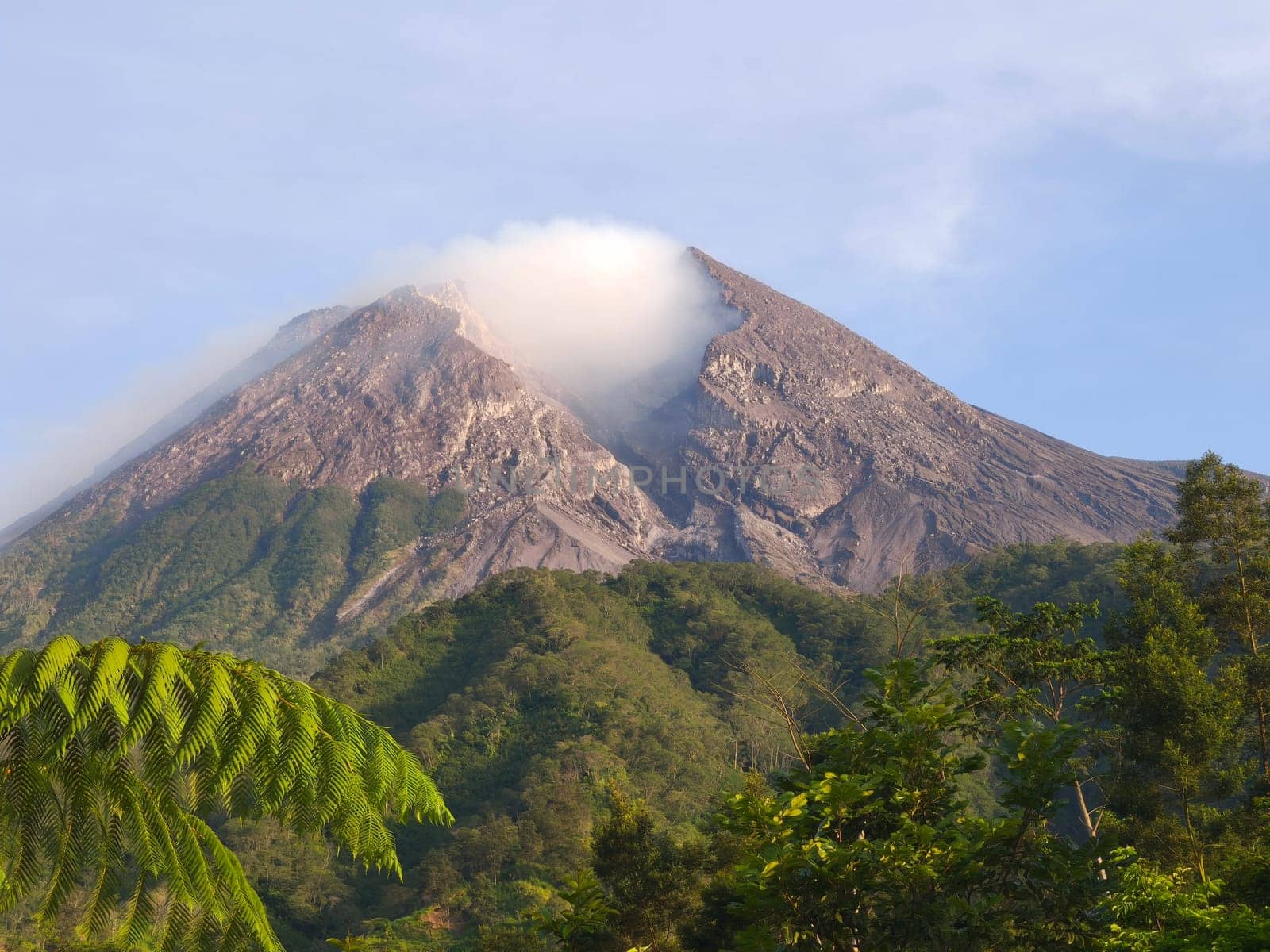 the majestic Mount Merapi, an active volcano in Indonesia. Its peak is shrouded in a wisp of cloud, and the slopes are covered in lush greenery.