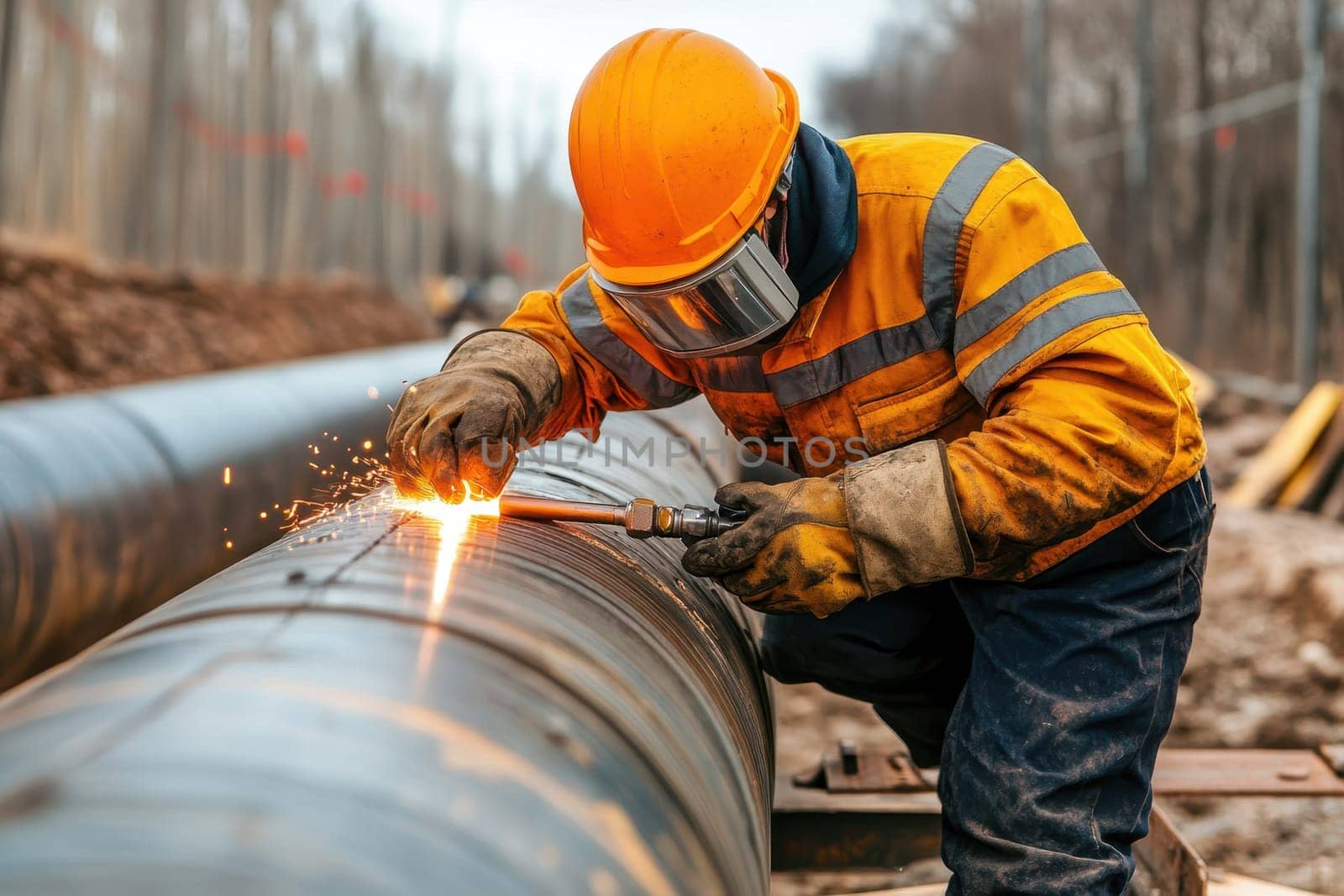 a worker with safety tool, welding pipeline for infrastructure development.