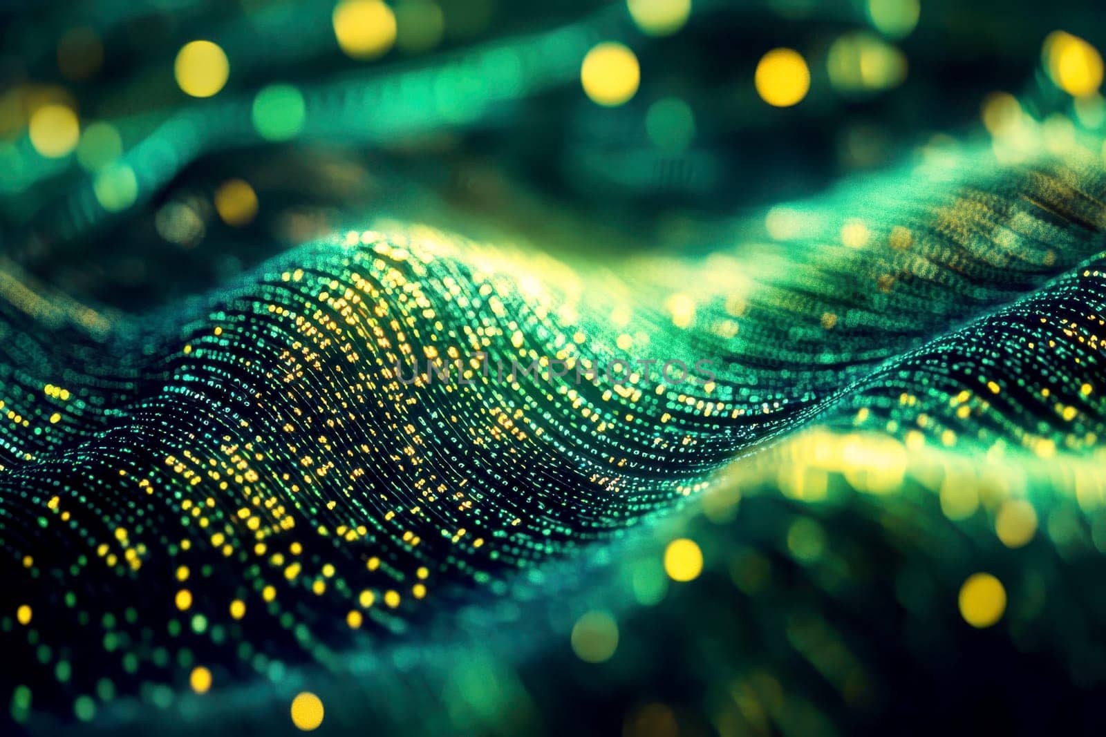 Abstract green particles wave is flowing forming a futuristic technology background..