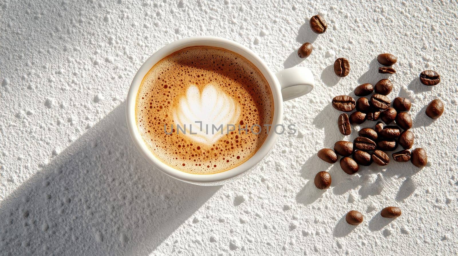 a coffee cup placed on a concrete surface with roasted coffee beans spread around it..