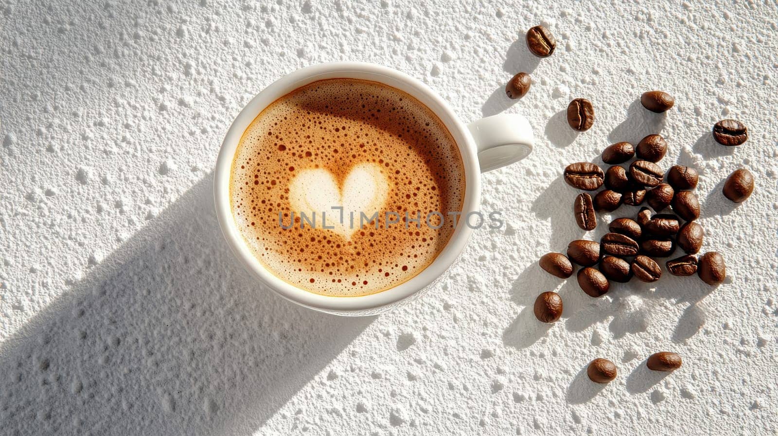 a coffee cup placed on a concrete surface with roasted coffee beans spread around it..