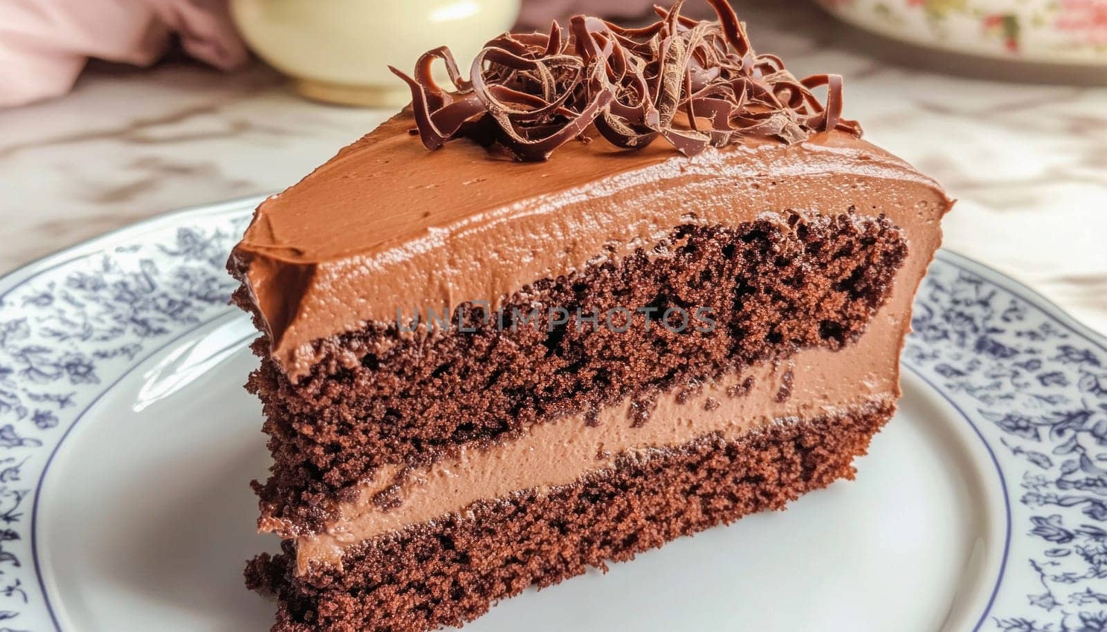 Chocolate cake slice with chocolate topping and swirl presented on elegant plate, perfect for birthday, anniversary, or any special occasion