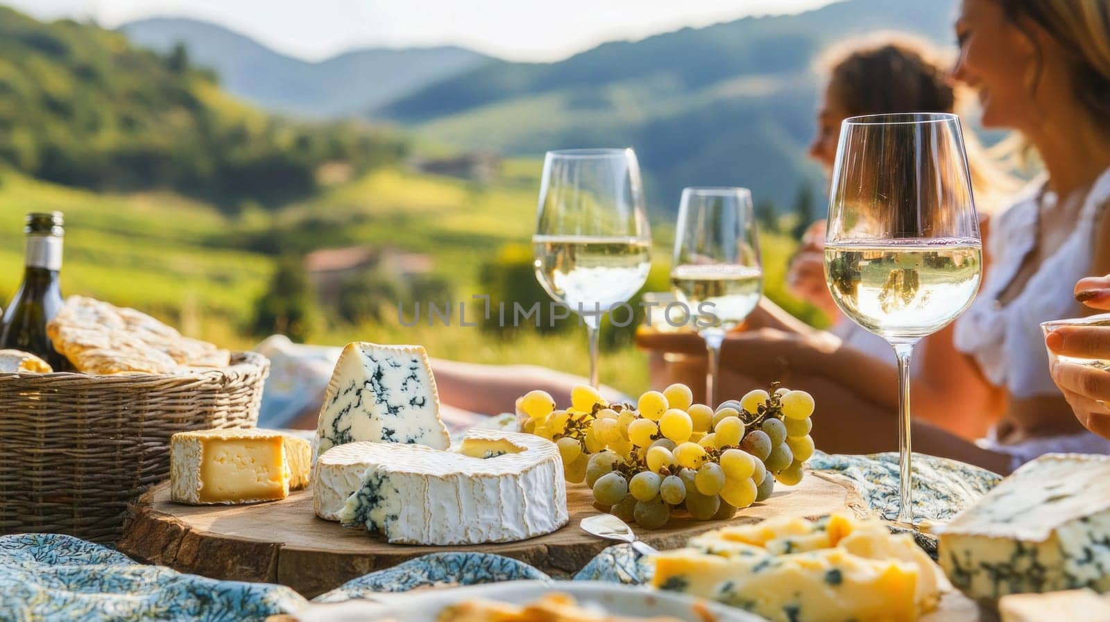 Women sharing wine and cheese at a vineyard picnic, enjoying the scenic view
