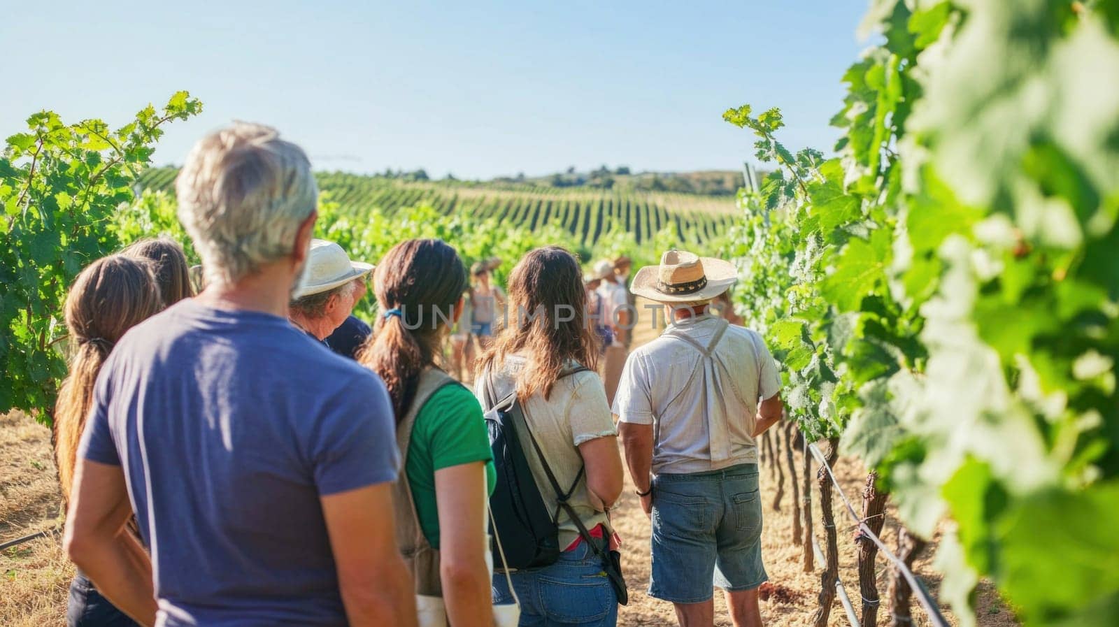 Winegrowers are walking and examining the vine grape harvest in a sunny vineyard