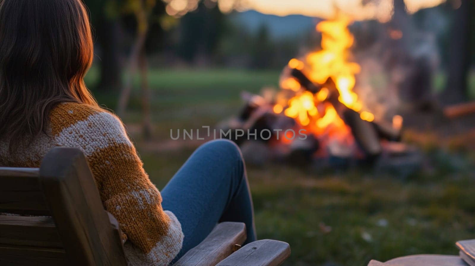 Woman enjoying warmth of bonfire while sitting on wooden bench at campsite, embracing tranquility of nature during sunset