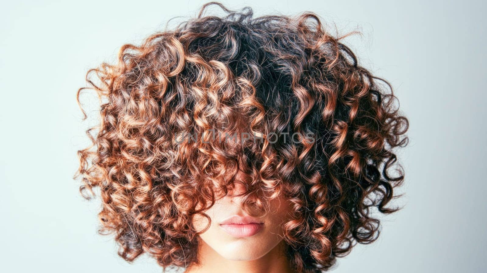 Model hiding her face behind voluminous curly hair in a beauty and hair care concept
