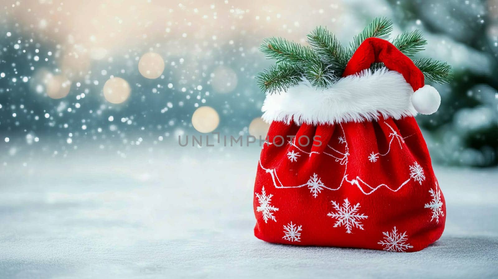 A large open Santa Claus bag with gifts against a sci-fi sunset and starry sky. AI generated.