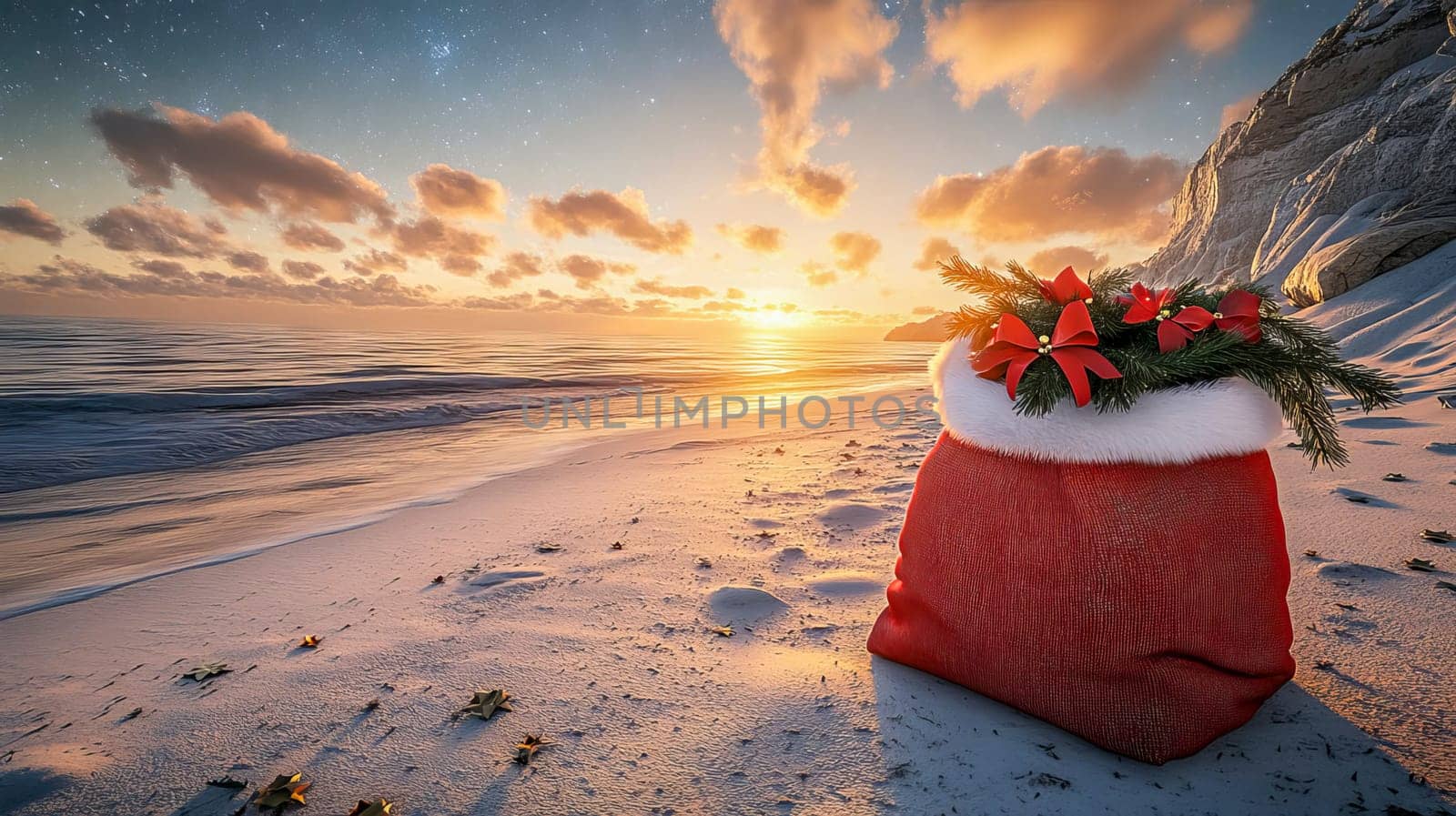 A large open Santa Claus bag with gifts against a sci-fi sunset and starry sky. AI generated.