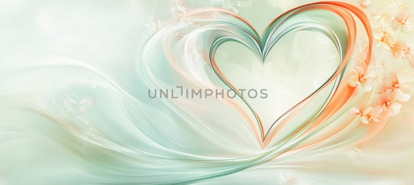 Swirling pastel colors form a heart shape framing a bright center, decorated with delicate flowers