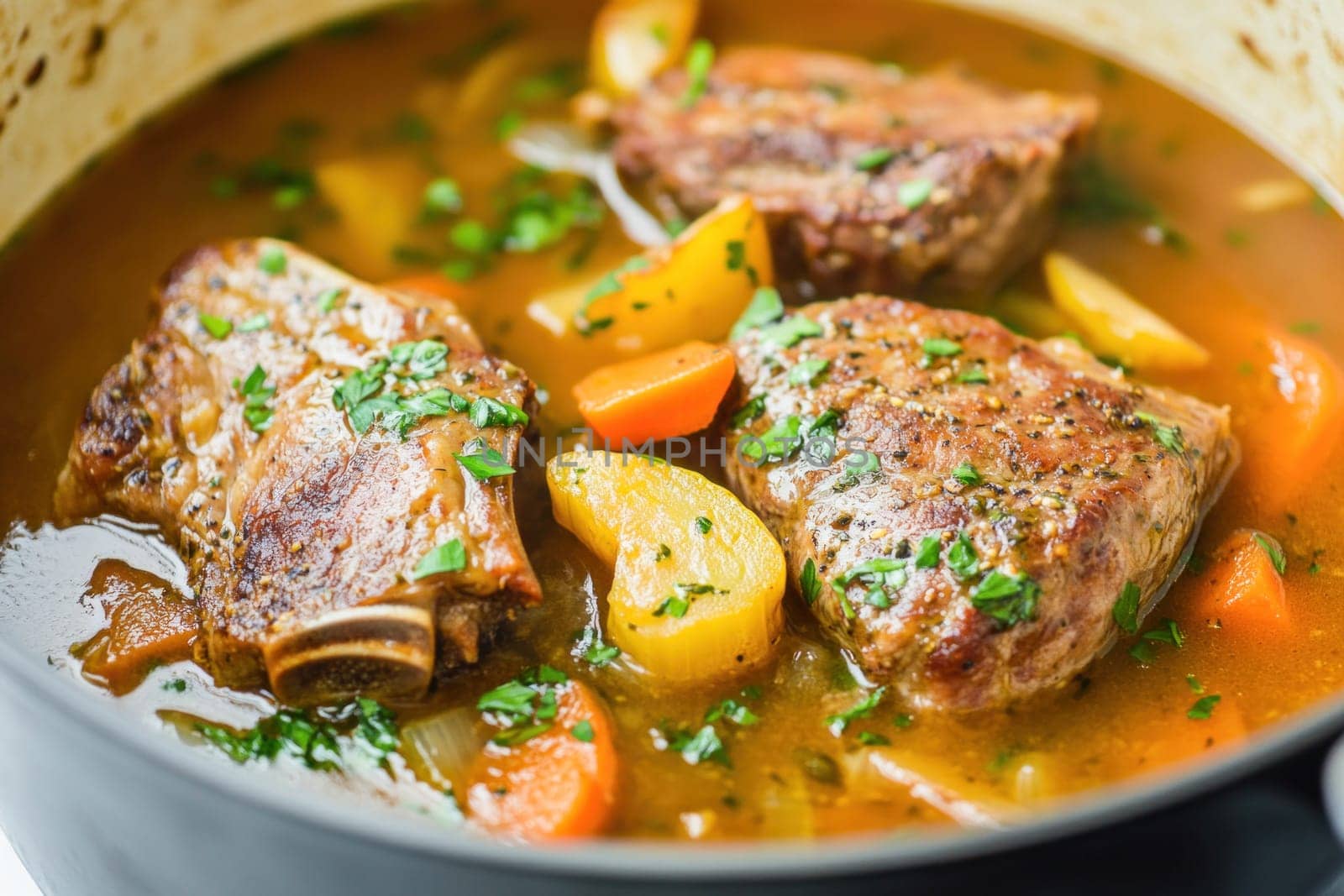 Country style pork ribs braising slowly in rich broth with potatoes, carrots, onions, and herbs, creating a comforting and flavorful dish