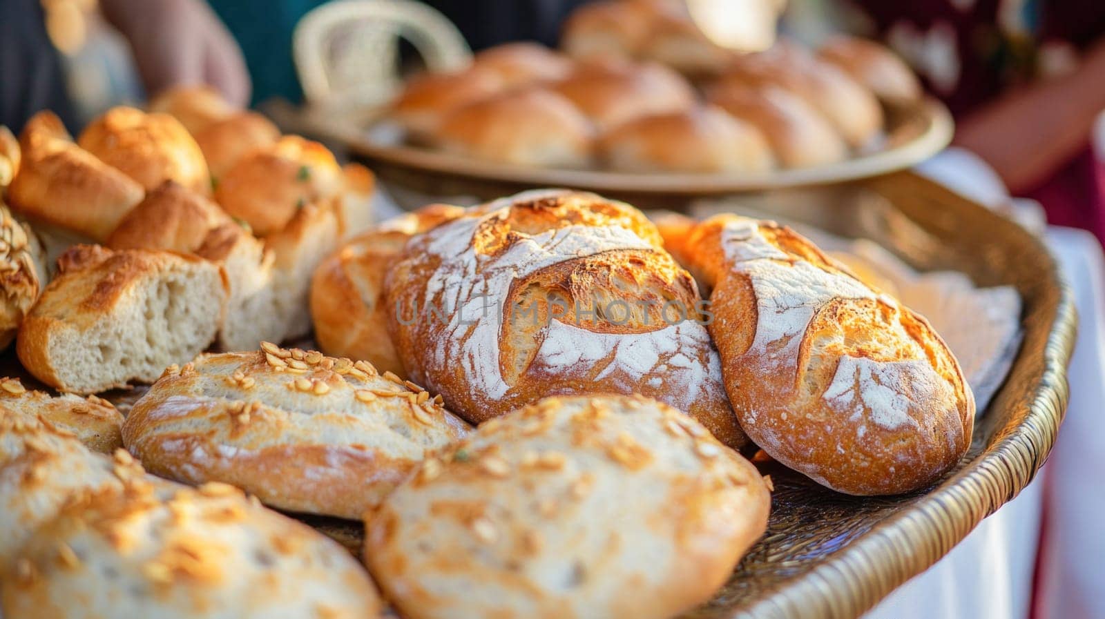 Close up of various types of bread, highlighting golden crusts and seeds, creating a tempting display