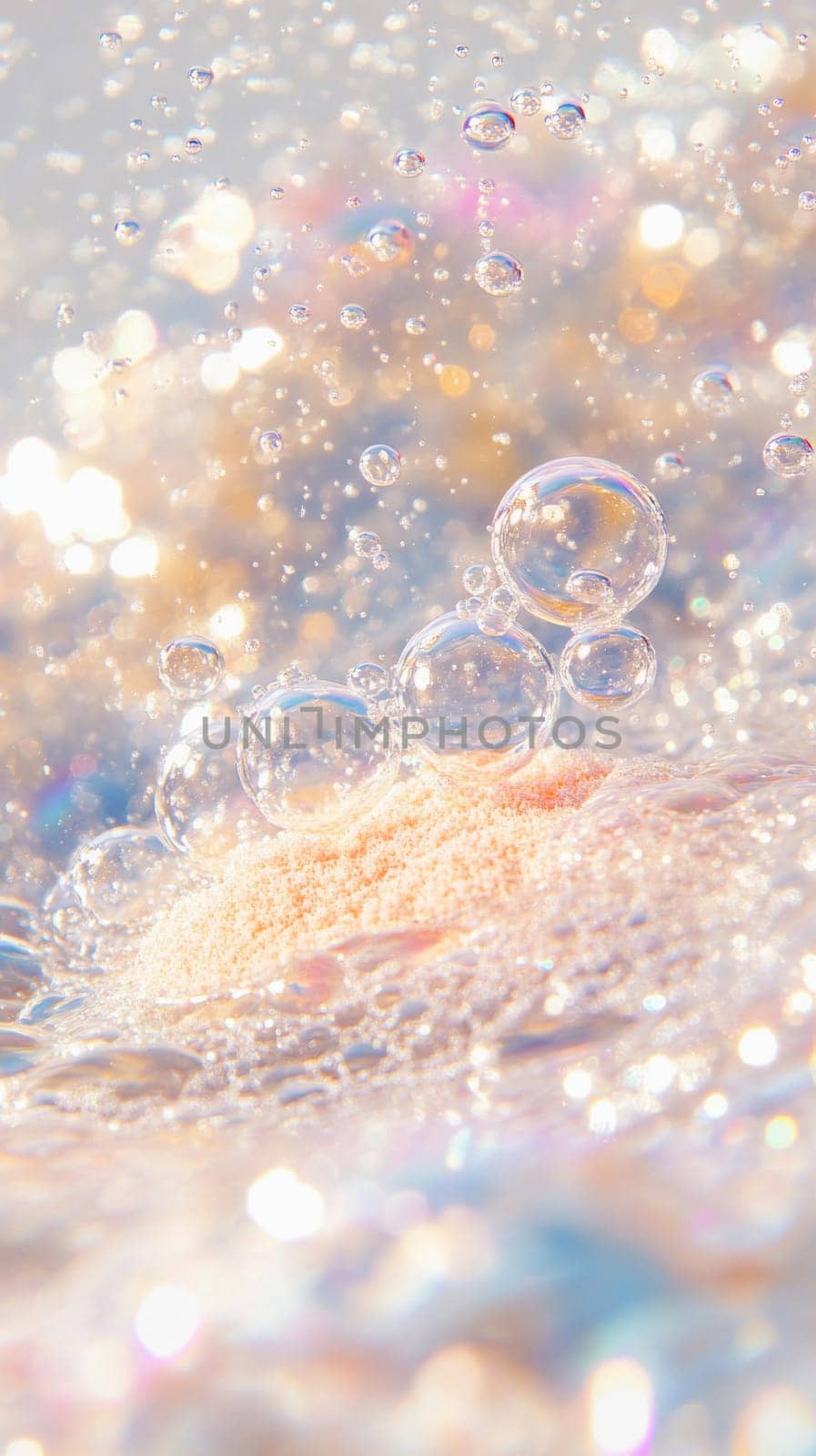 Soap bubbles floating above pink body scrub, creating a dreamy and luxurious spa like atmosphere with a sparkling background