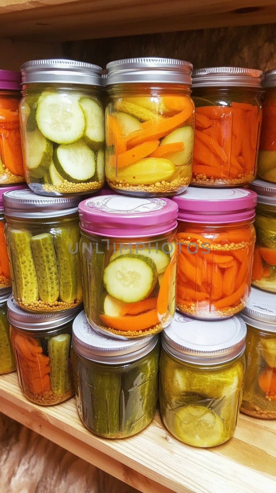 Glass jars with pickled cucumbers and carrots on a wooden shelf, creating a colorful and organized display of preserved food