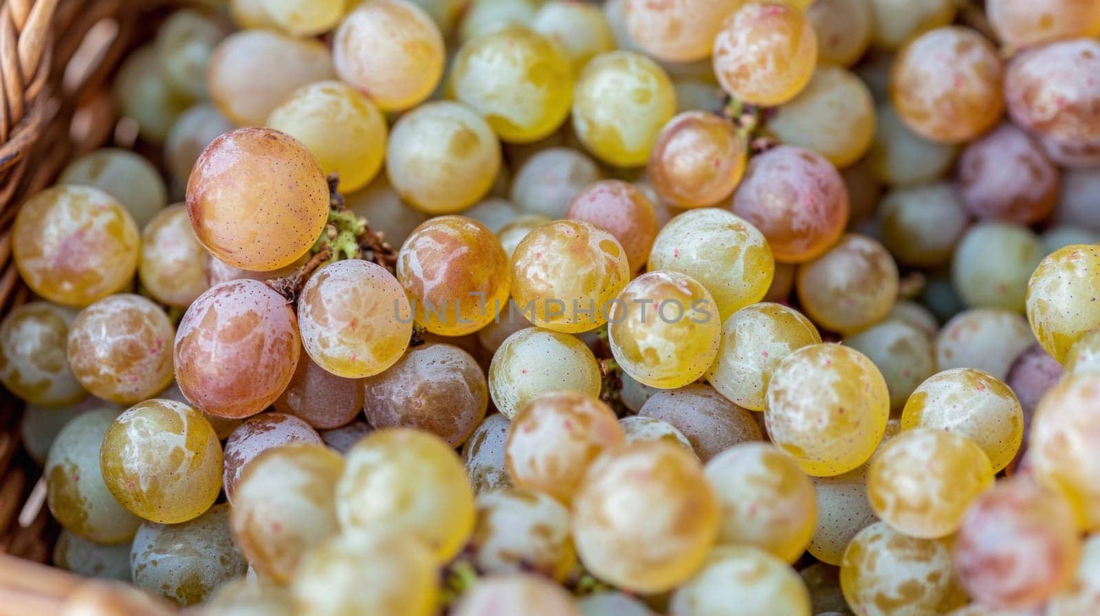 Close up of ripe white grapes overflowing from a wicker basket, showcasing the abundance of the harvest and the potential for delicious wine