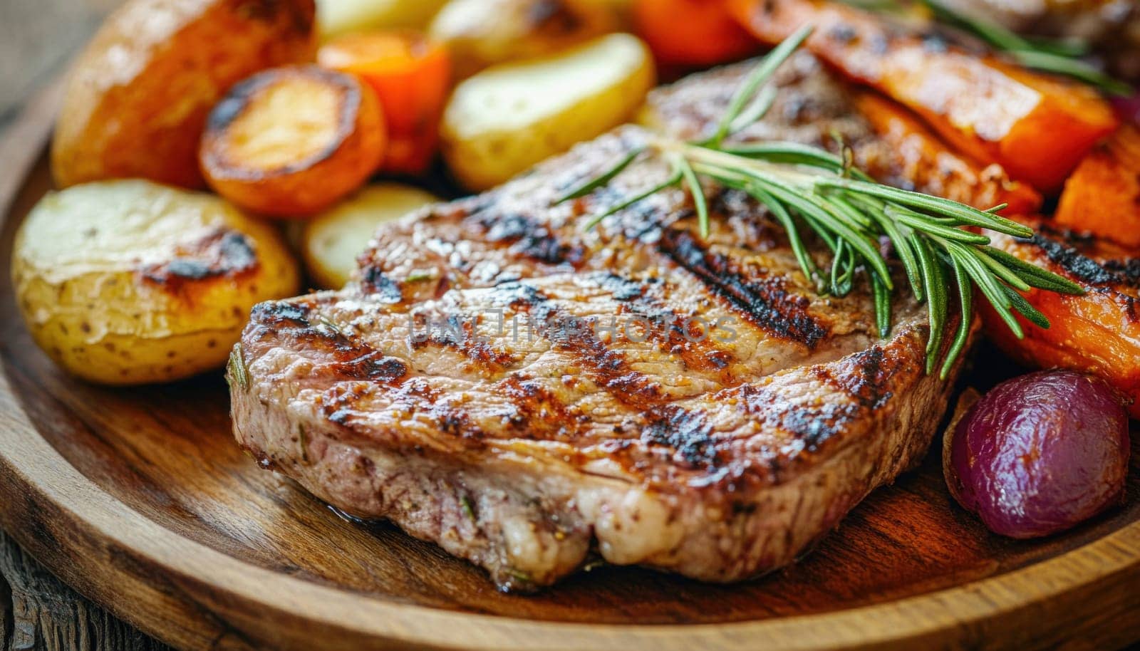 Juicy grilled steak served with roasted potatoes, carrots, and a sprig of rosemary on a rustic wooden plate