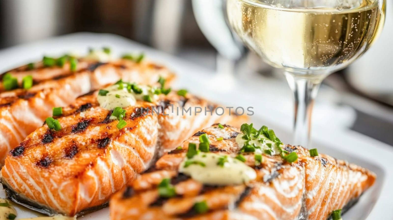 Delicious grilled salmon fillets seasoned with chives and white wine sauce, creating a gourmet dining experience