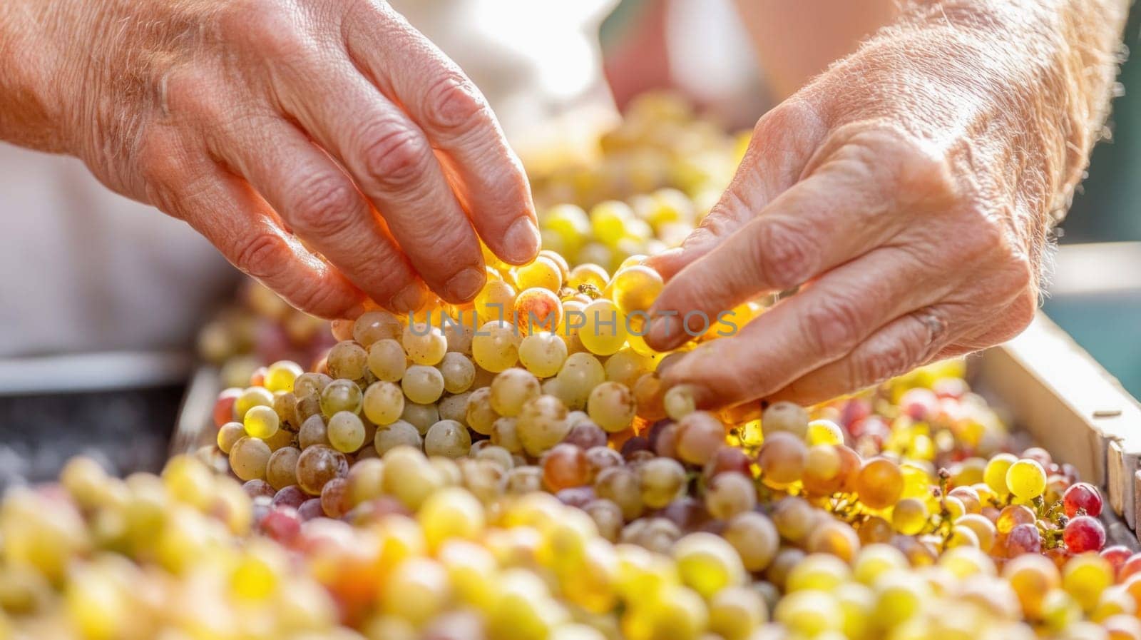 Winemakers are sorting freshly harvested grapes in a vineyard, ensuring the quality of their wine production