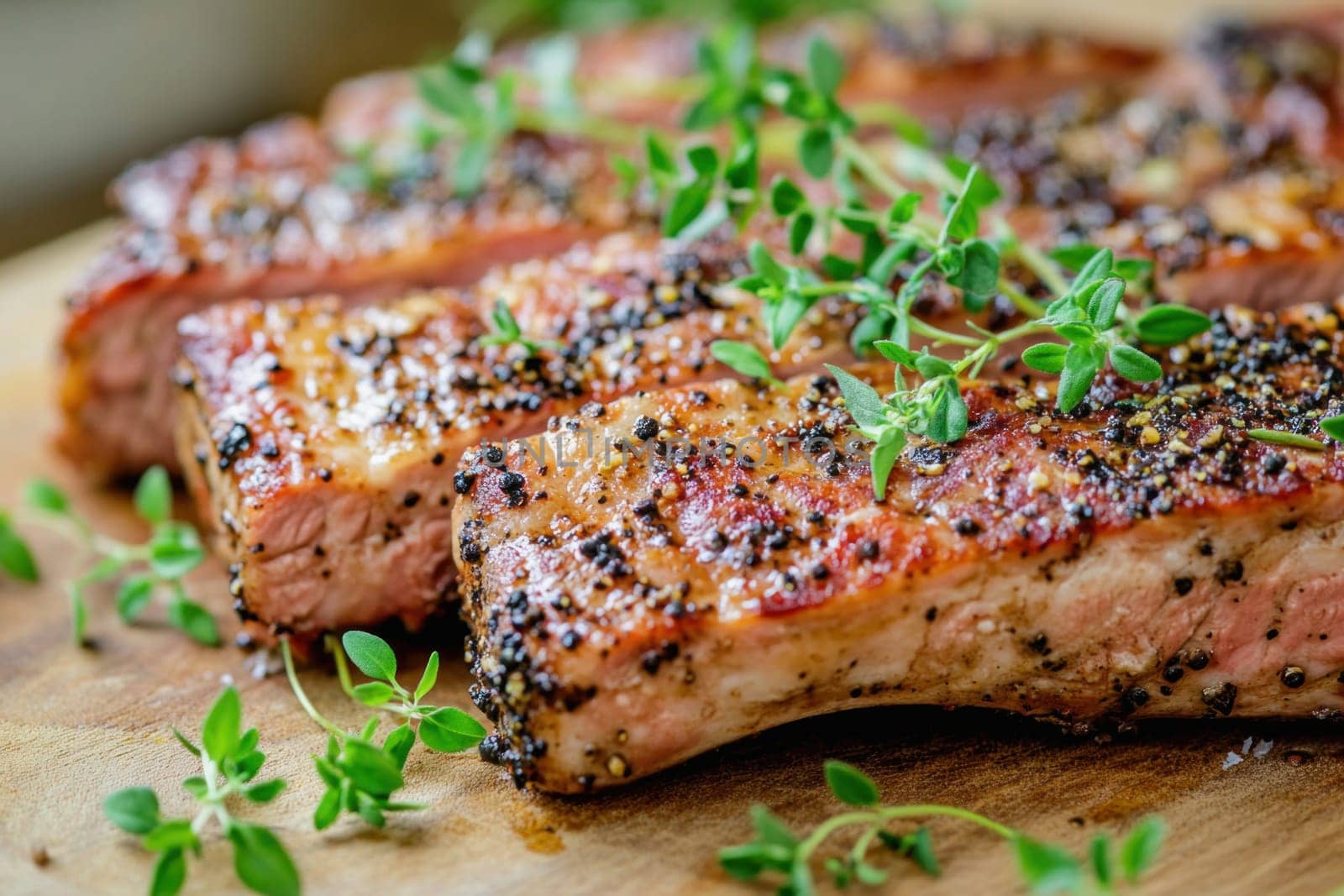 Delicious grilled pork ribs seasoned with pepper and thyme lying on wooden cutting board