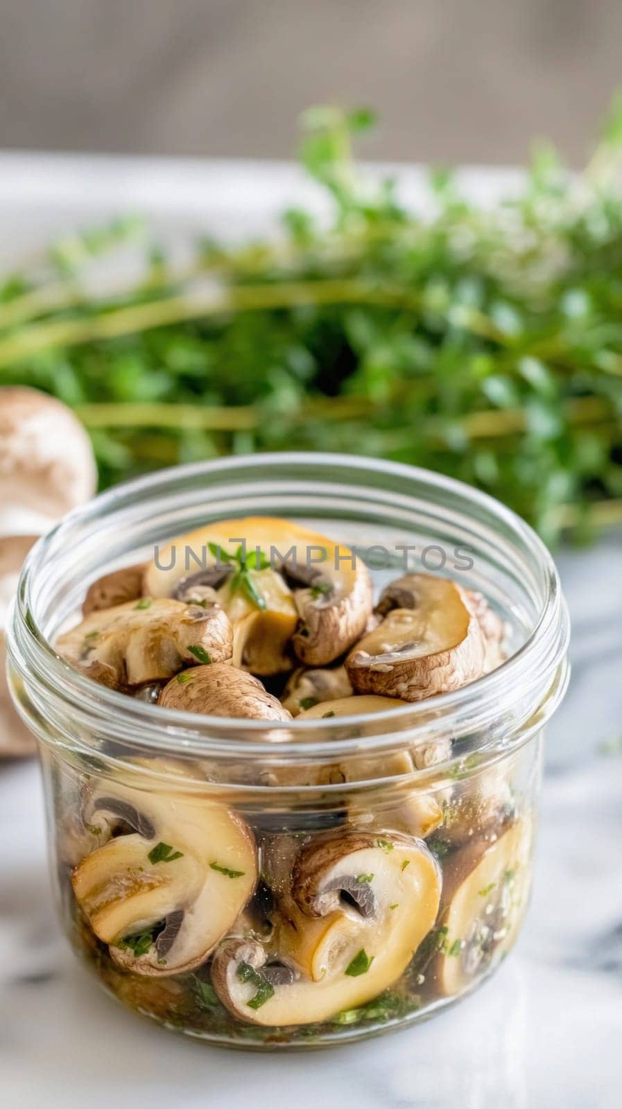 Delicious marinated mushrooms are preserved in a glass jar, seasoned with fresh thyme and parsley, ready to enhance culinary creations
