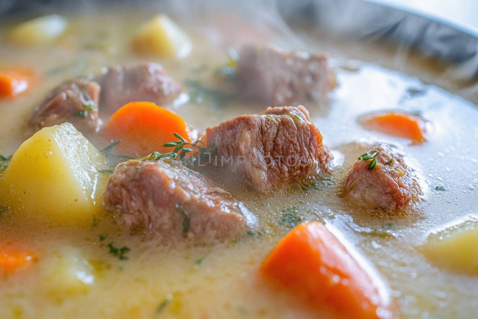 Delicious irish stew simmering in a pot, featuring tender beef, potatoes, carrots, and aromatic herbs, creating a hearty and comforting meal