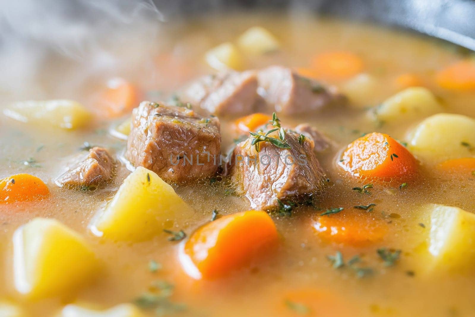Delicious beef stew simmering in a pot with potatoes, carrots, and herbs, creating a comforting and flavorful meal