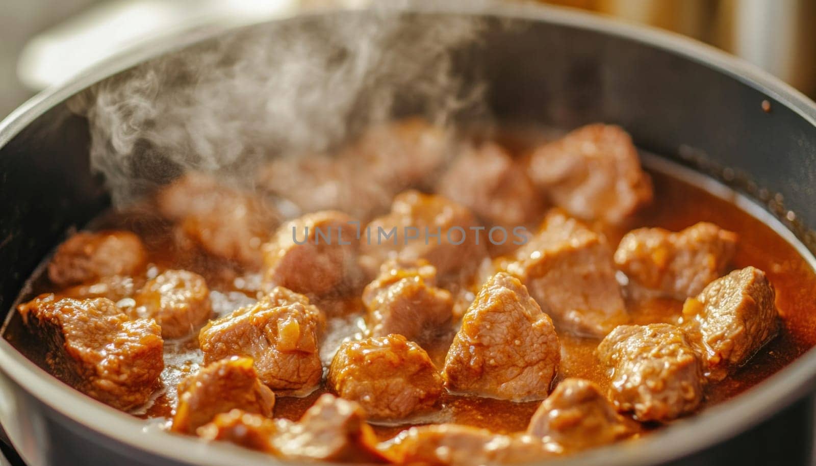 Delicious meat stew simmering in a pot, filling the kitchen with warm, savory aromas
