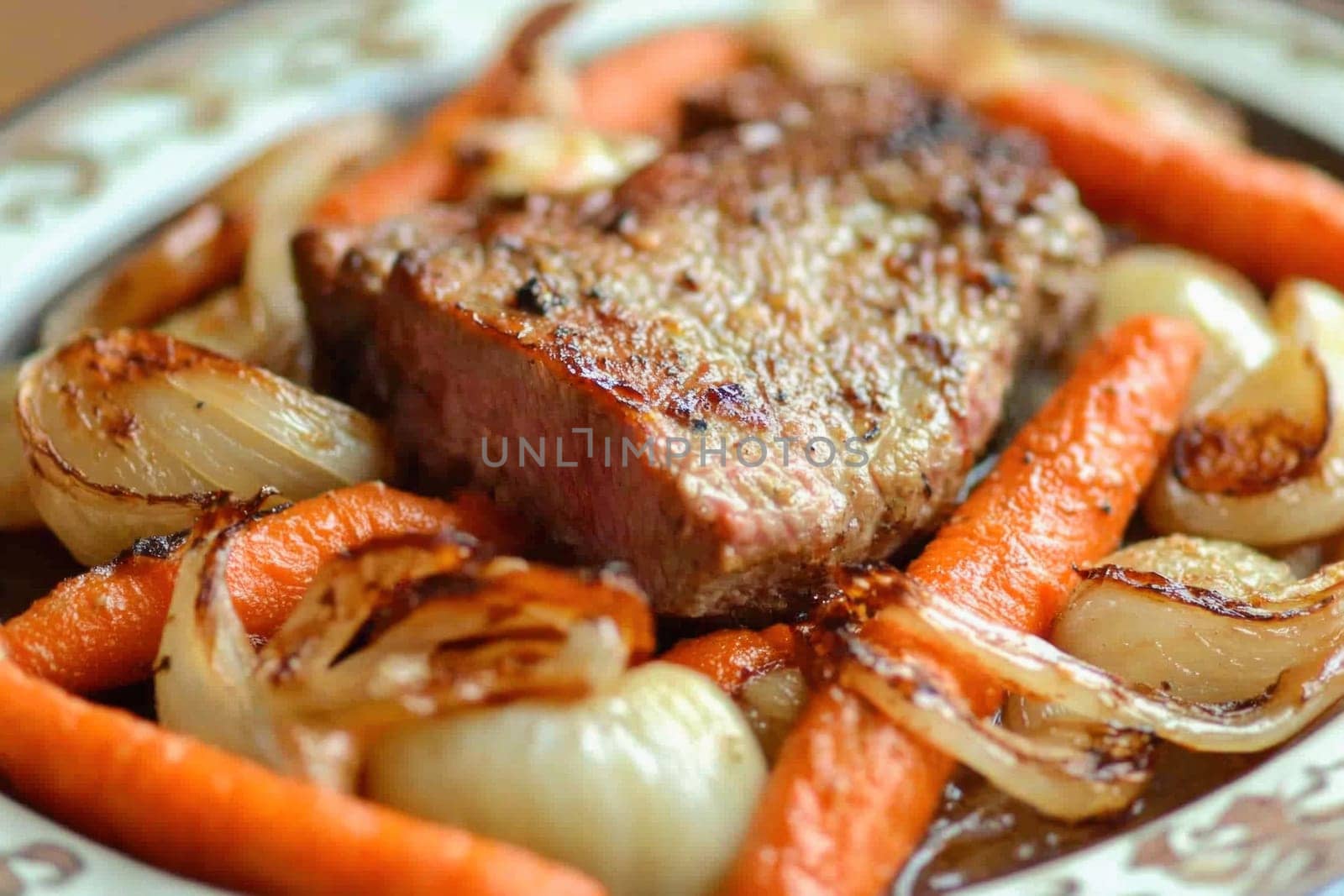 Delicious grilled beef steak served with roasted carrots and onions, creating a flavorful and satisfying meal